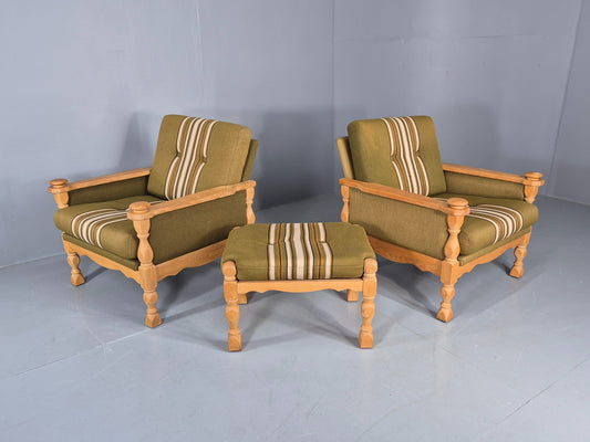 2 vintage Kjaernulf Armchairs with footstool Oak and Green Retro 1970s EB12778