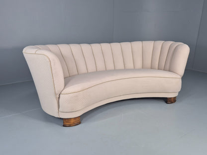 Vintage Danish Banana Sofa Art Deco 3 Seater Cream Cotton Upholstery EB12396