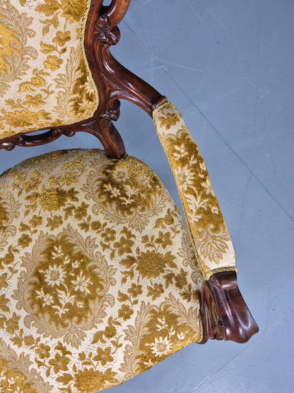 Antique Baroque Revival Arm Chair Carved Frame Gold Moquette Upholstery EB12740