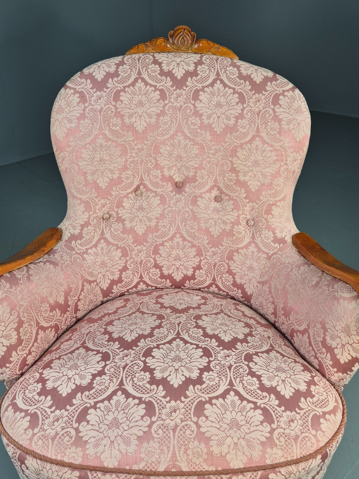Vintage Danish Rococo Style Arm Chair Pink Floral Damask 20th Century EB12704