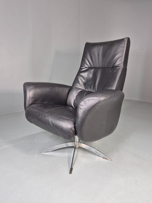 Vintage Hjort Knudsen Black Leather and Chrome Swivel Lounge Chair Retro EB13083