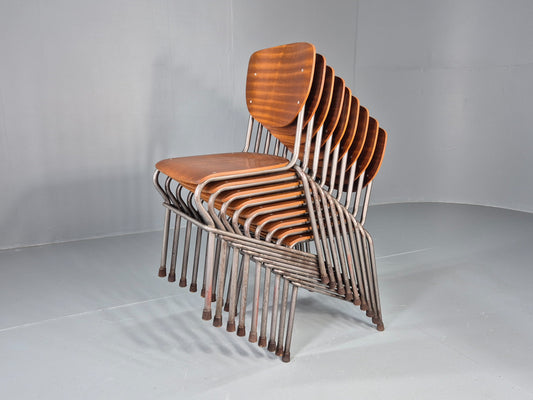 9 Vintage Danish Stacking Industrial Chairs Teak and Steel 1960s Retro EB12403