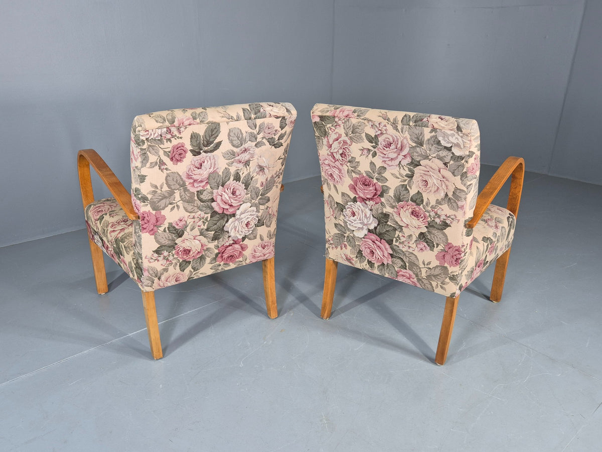 2 Vintage Danish Lounge Chairs 1950s Deco Bentwood Floral Print Retro EB12644