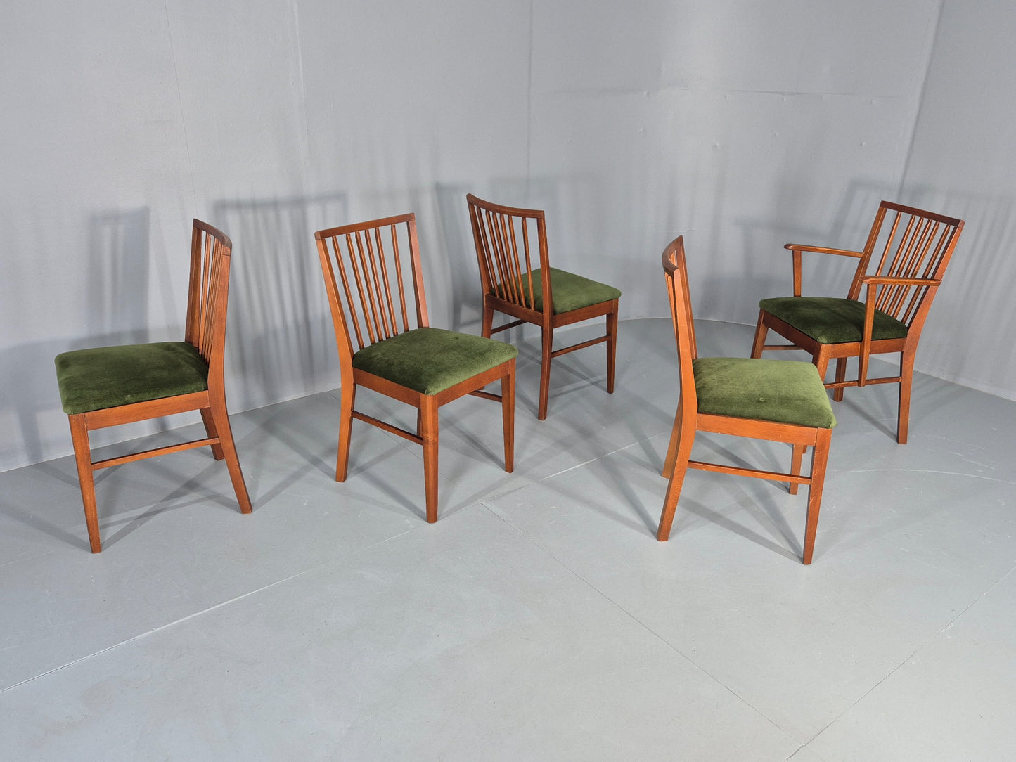 5 Vintage 1960s Dining Chairs Beech Wood frames Green Velvet Seats Retro EB12184