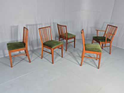 5 Vintage 1960s Dining Chairs Beech Wood frames Green Velvet Seats Retro EB12184