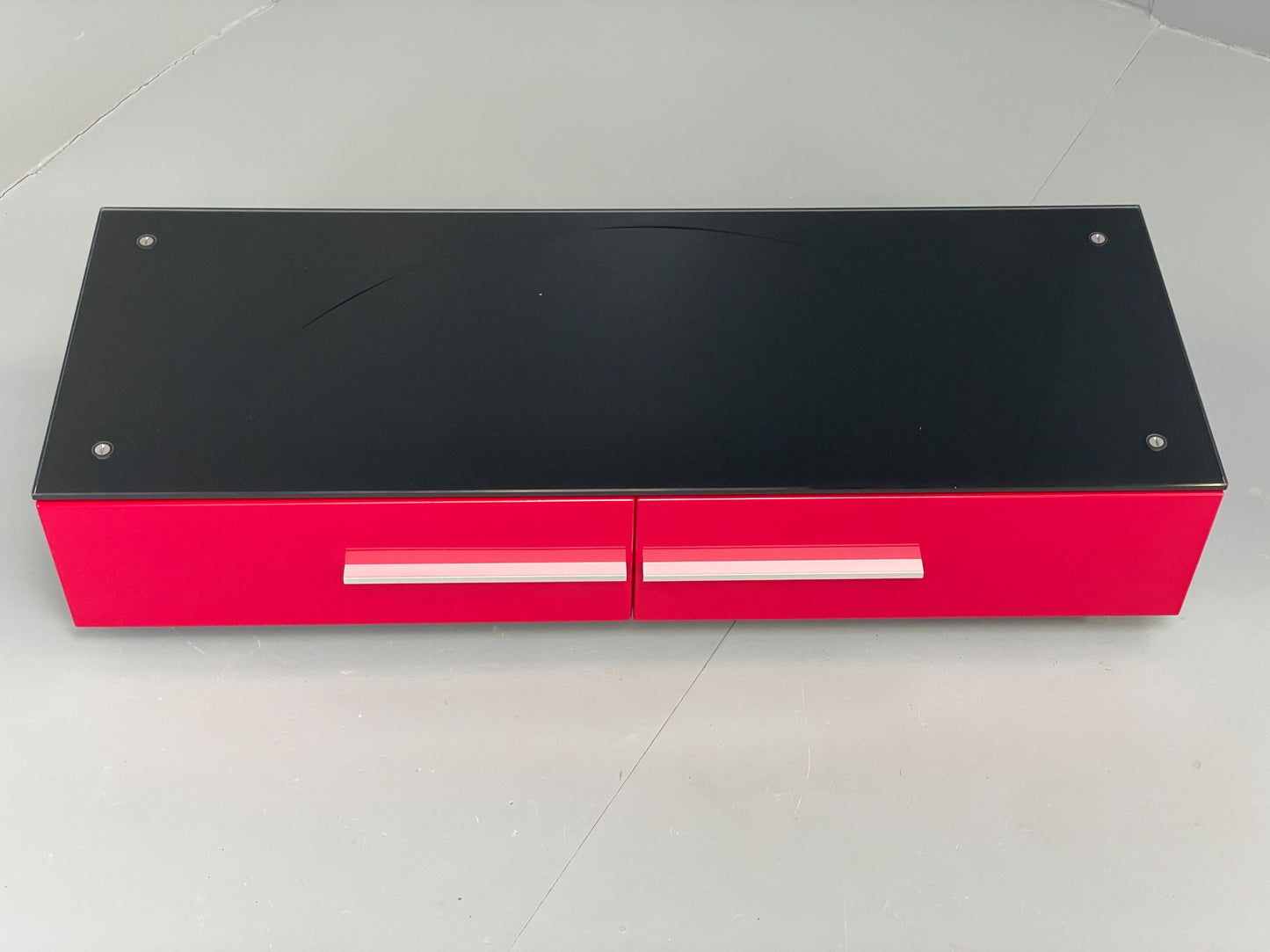 Modern Low TV Unit Glass Top Red Black Aluminium Handles Drawers EB12878