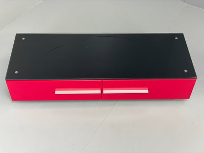 Modern Low TV Unit Glass Top Red Black Aluminium Handles Drawers EB12878