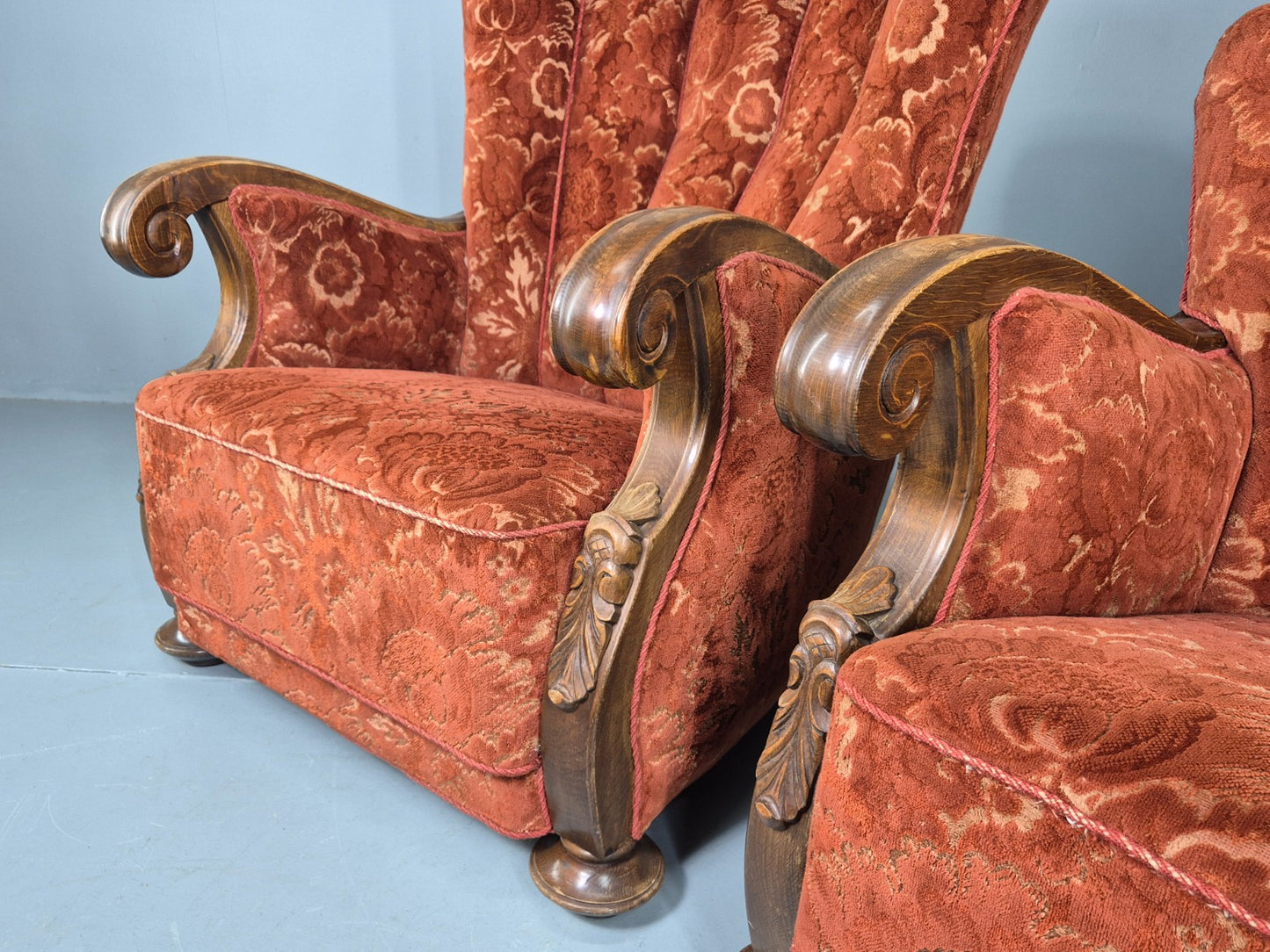 2 Vintage Danish 40s Lounge Chairs Carved Frame Cut Moquette Upholstery EB12906