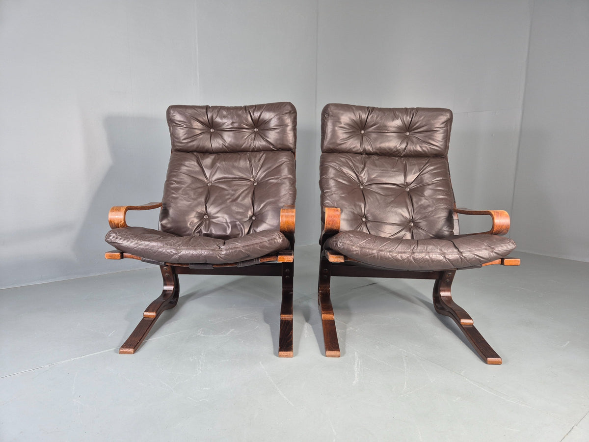 2 Vintage Skyline Leather Lounge Chairs High Back Bentwood Frame Retro EB13085