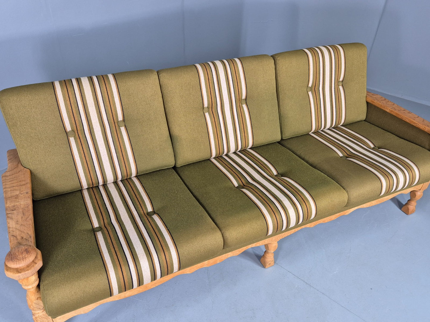 Vintage Danish 3 seater Sofa Oak Kjaenulf Green Cushions 1970s Retro EB12782