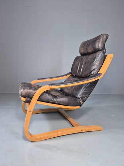 Vintage 1970s Danish Lounge Chair Black Leather and Bentwood MCM Retro EB13082