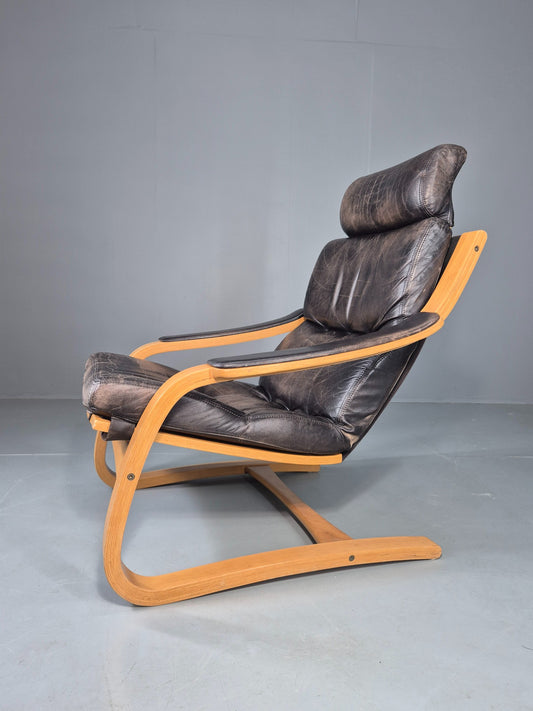 Vintage 1970s Danish Lounge Chair Black Leather and Bentwood MCM Retro EB13082