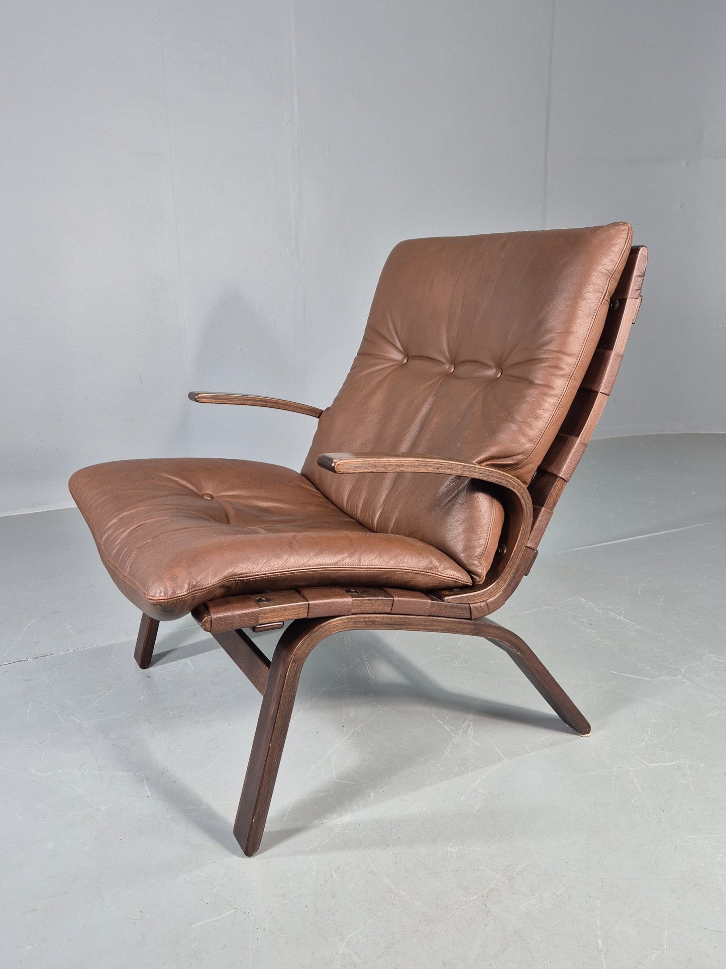 Vintage Farstrup Armchair Bentwood Frame Brown Leather Retro 1970s Eb12147