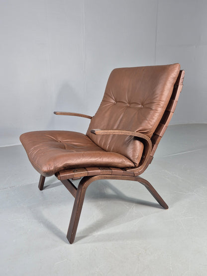 Vintage Farstrup Armchair Bentwood Frame Brown Leather Retro 1970s Eb12147