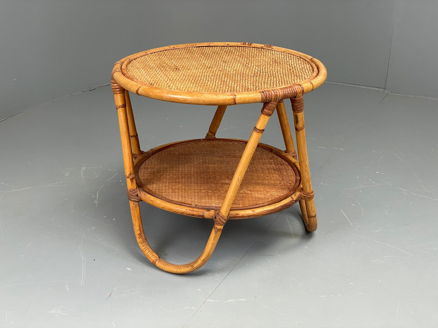Vintage Rattan Side Table Cane Frame Mid Century Retro Round EB11881