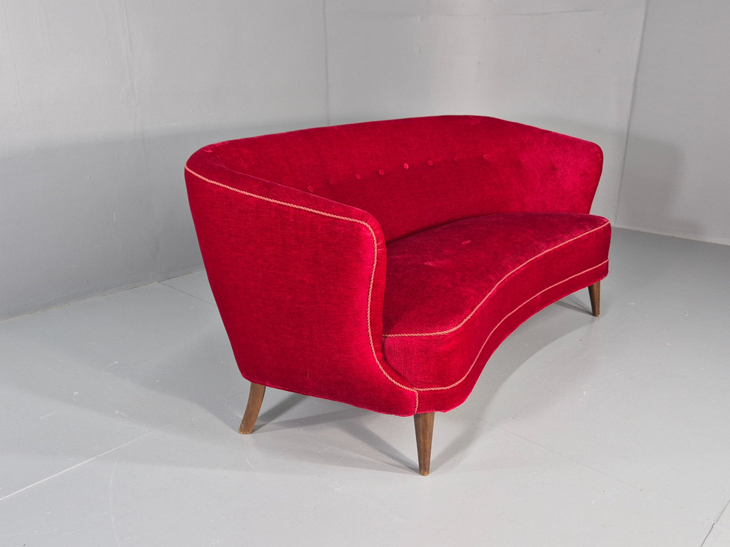 Vintage Danish Banana Sofa 3 Seater Red Velvet Velour 1950s Classic MCM EB12399