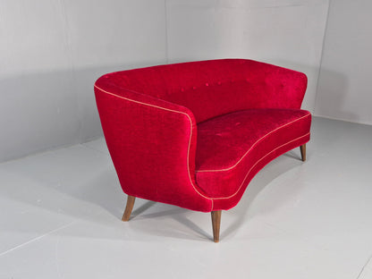 Vintage Danish Banana Sofa 3 Seater Red Velvet Velour 1950s Classic MCM EB12399