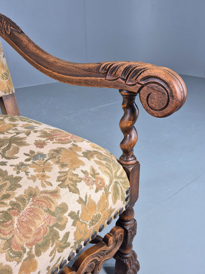 Vintage Baroque Style Armchair Carved Oak Frame 1950s Danish Antique EB12700