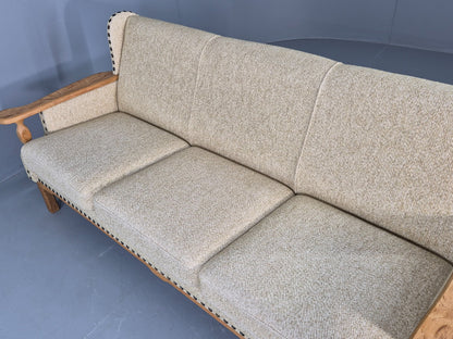 Vintage 3 Seat Sofa Danish 1970s Oak Frame Cream Wool Cloth Retro  EB12753