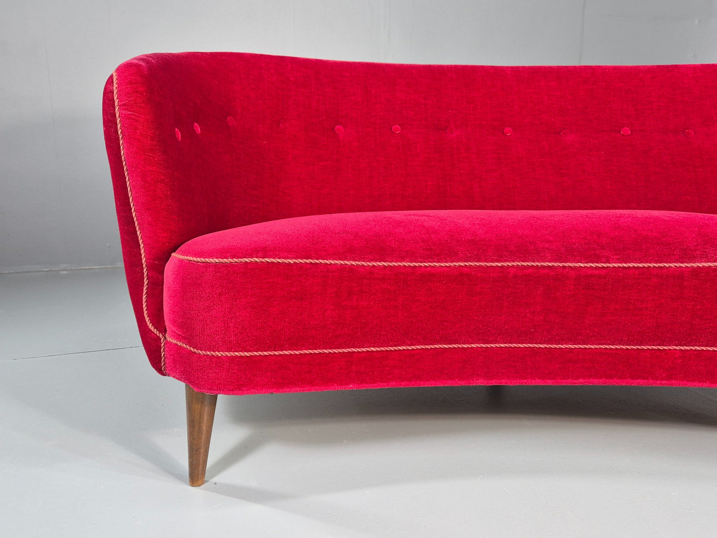 Vintage Danish Banana Sofa 3 Seater Red Velvet Velour 1950s Classic MCM EB12399