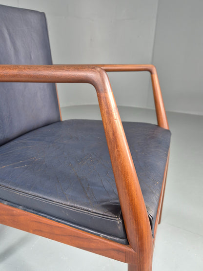 Vintage Mid Century Teak Armchair Blue Leather 1960s Retro EB11901
