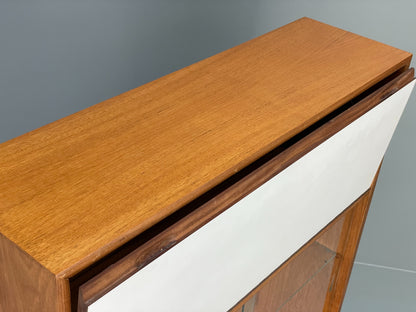 Vintage 1960s Cocktail Cabinet Teak White Formica Glazed Shelving EB12081