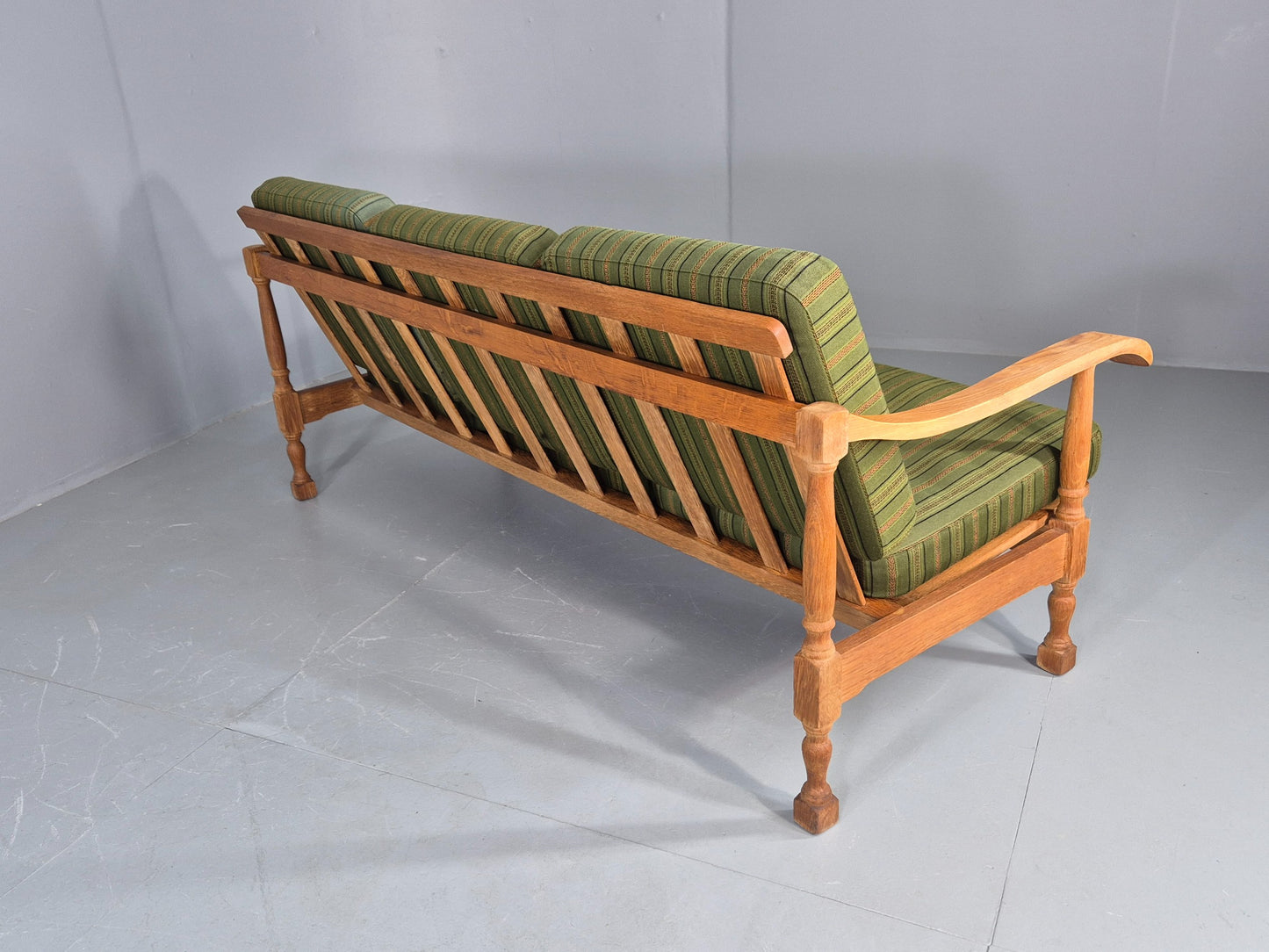 Vintage Danish 3 seater Sofa Oak Kjaenulf Green Cushions 1970s Retro  EB12775