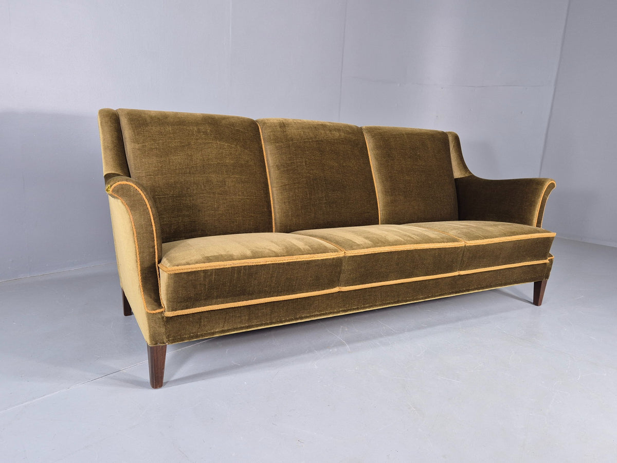 Vintage Mid Century 3 Seater Sofa Green Velour Upholstery Danish Design EB12731