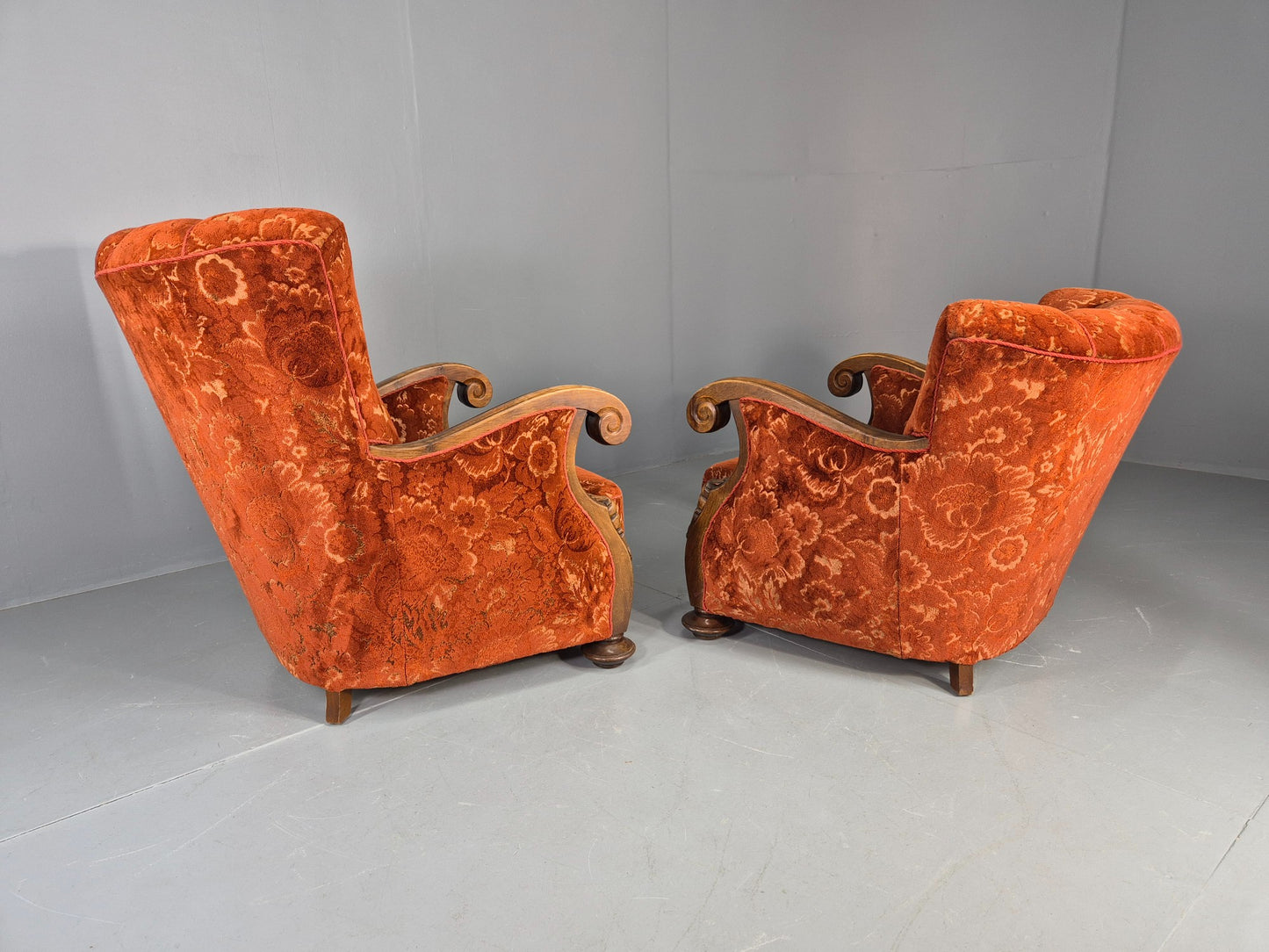 2 Vintage Danish 40s Lounge Chairs Carved Frame Cut Moquette Upholstery EB12906