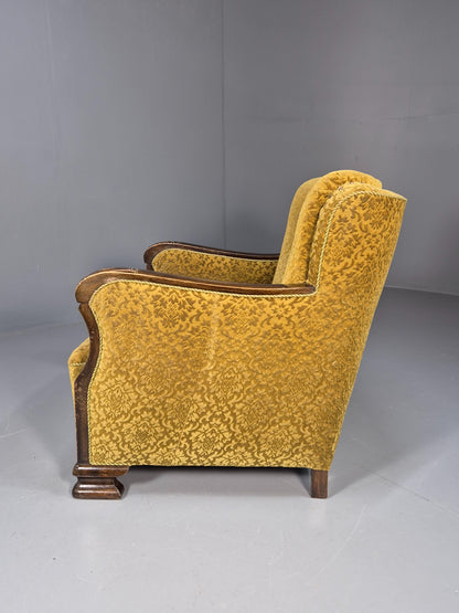 Antique Danish floral Mustard Colour Armchair 1920s Wood Frame EB08975