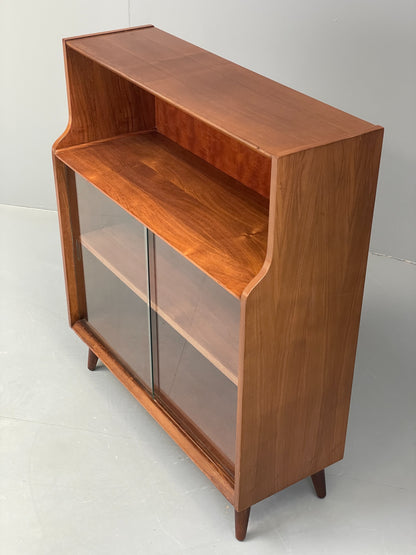 Vintage Bookcase Walnut 1960s Retro Midcentury Glass Doors Shelving EB12607