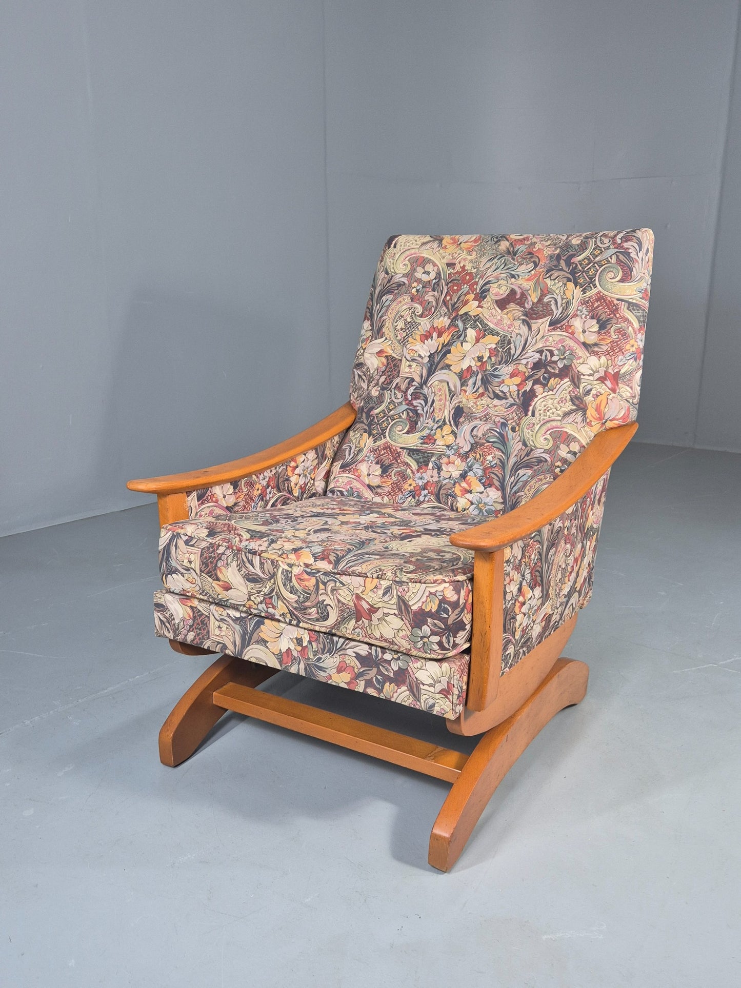 Vintage Mid Century Rocking Chair Floral Print Synthetic Fabric 1970s EB12920