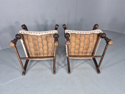 2 Vintage Carolean Style Oak Armchairs 1950s Danish Repro Quality Eb12641