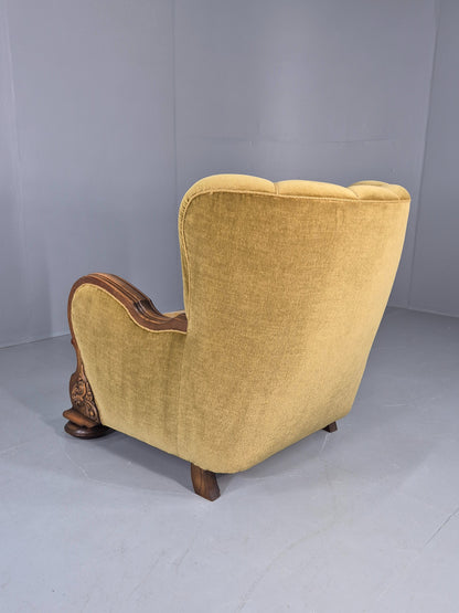 Vintage Danish Art Deco Lounge Chair Carved Oak Frame 1940s Green Floral EB12837