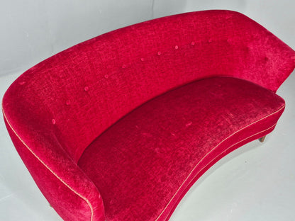 Vintage Danish Banana Sofa 3 Seater Red Velvet Velour 1950s Classic MCM EB12399