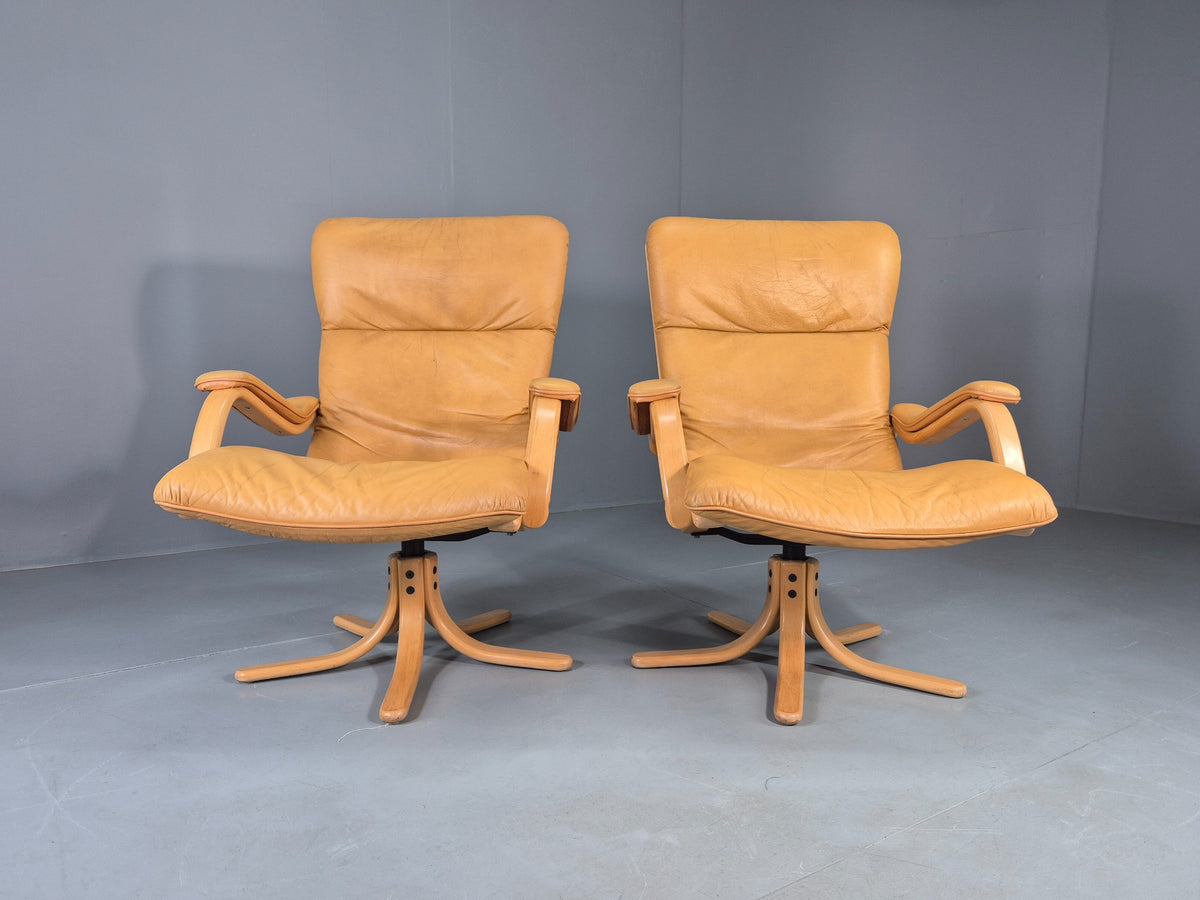 2 Vintage Tan Leather Lounge Chairs 1980s Danish Swivel Bentwood Bases EB13081