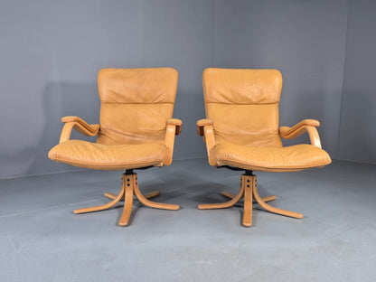 2 Vintage Tan Leather Lounge Chairs 1980s Danish Swivel Bentwood Bases EB13081