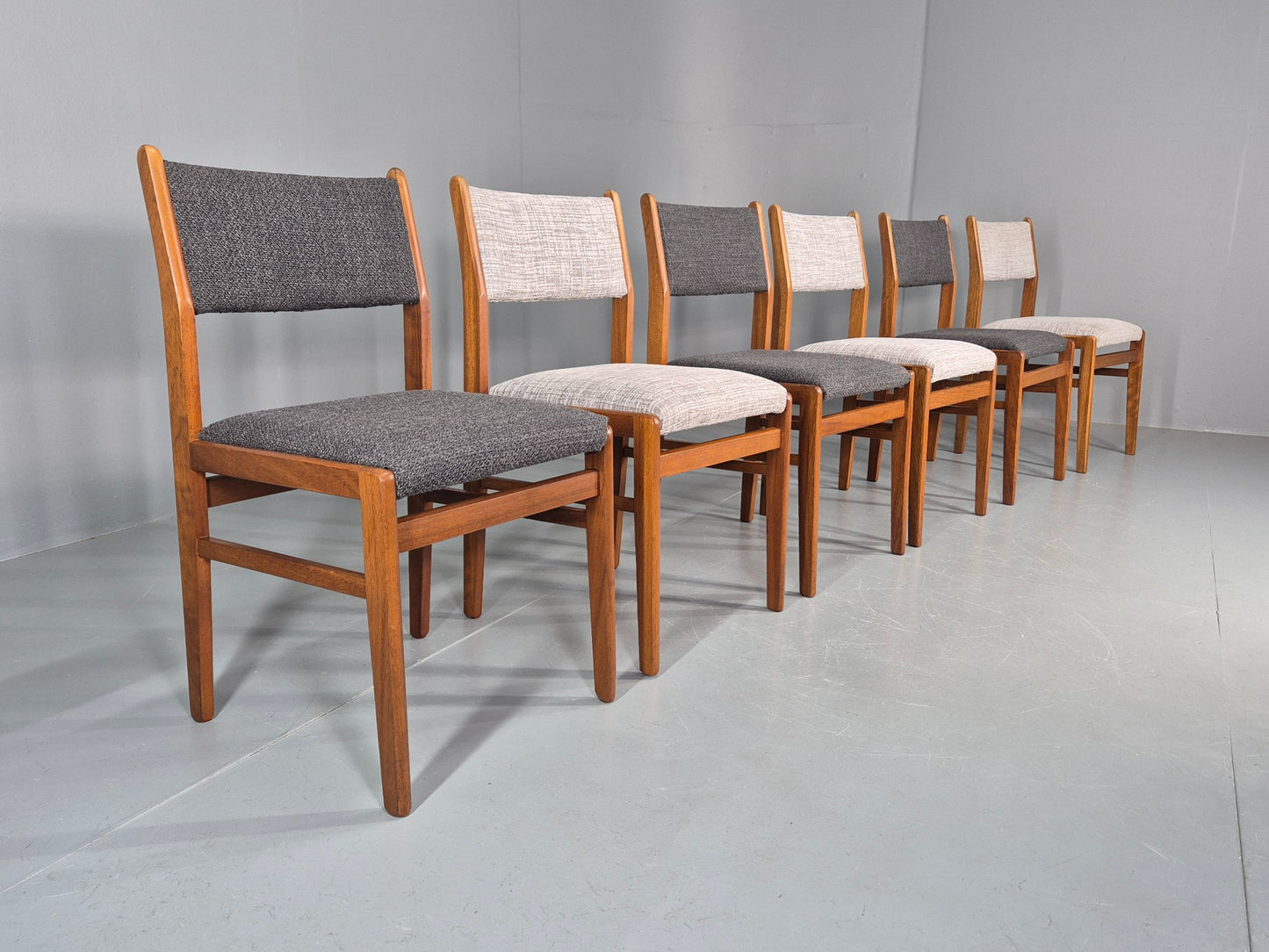 6 Vintage Mid Century Dining Chairs Teak Frame Two Tone Coverings 1970s  EB12035