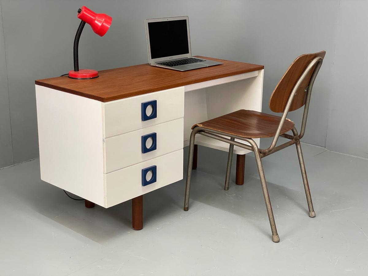 Vintage 1960s Compact Desk Teak Uniflex White Retro Mid Century Drawers EB12968