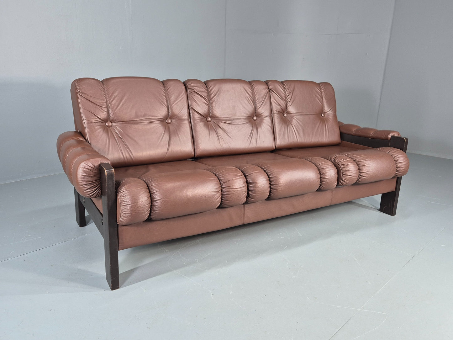 Vintage 3 Seater Sofa Danish Brown Leather 1970s Retro Mid Century EB12449