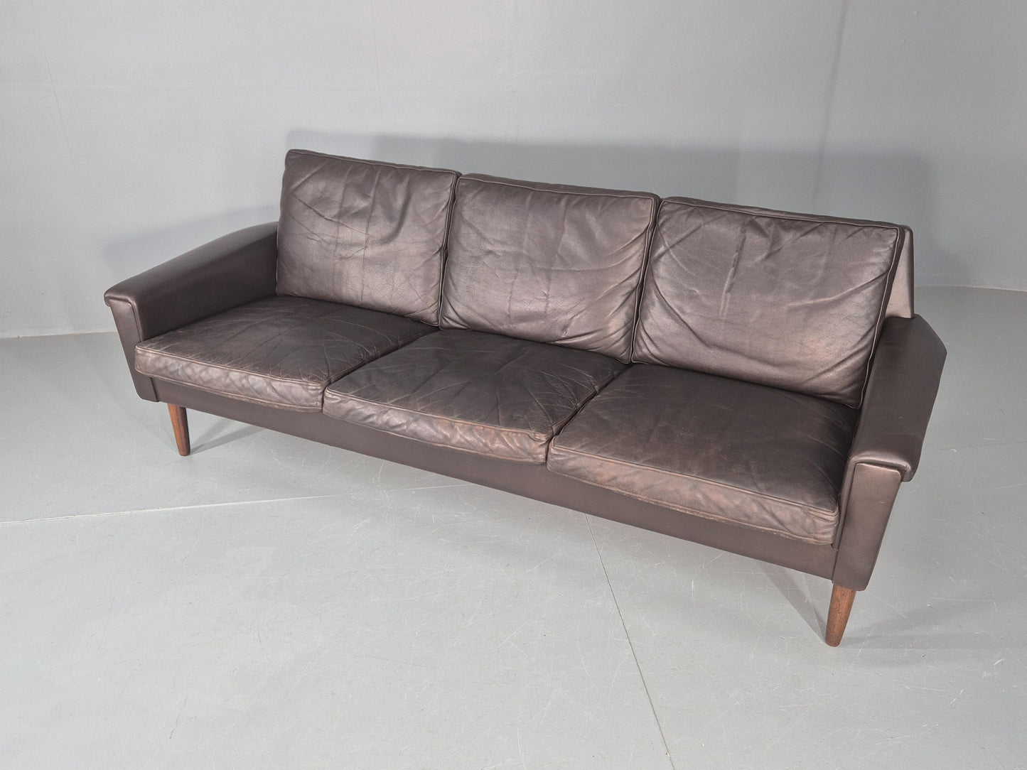 Vintage Mid Century 3 seater Danish Brown Leather Sofa Retro 1960s EB12261