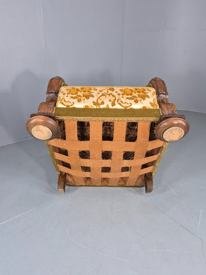 Vintage Danish Art Deco Lounge Chair Carved Oak Frame 1940s Green Floral 12838