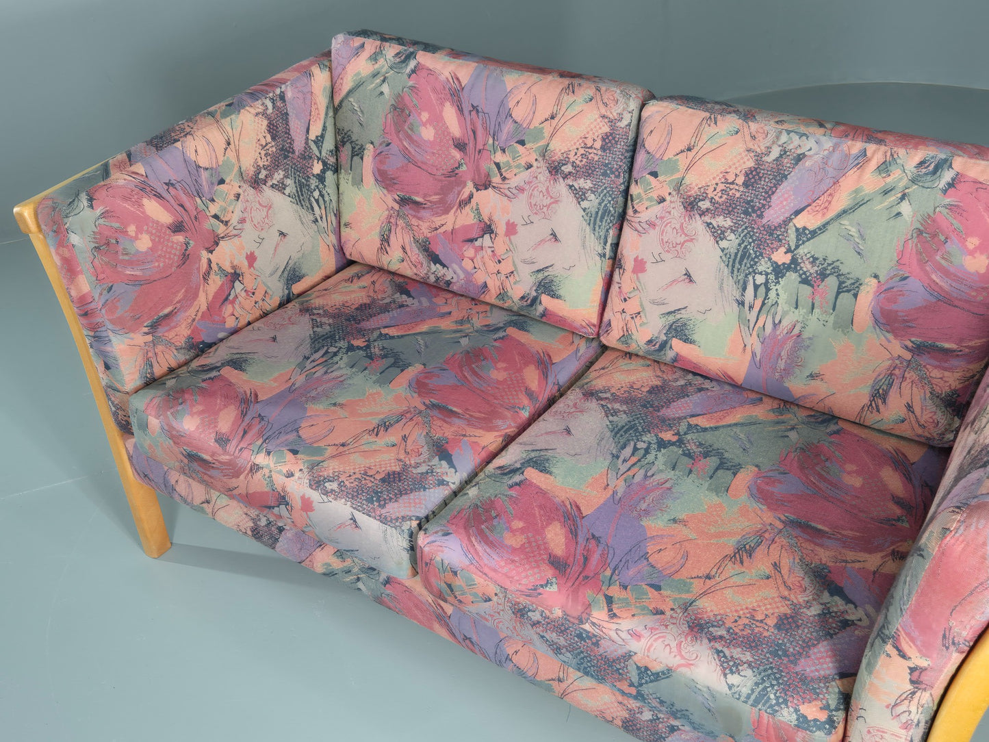Vintage Stouby 2 Seater Sofa Floral Cotton Print 1980s Retro Beech Ends EB12448