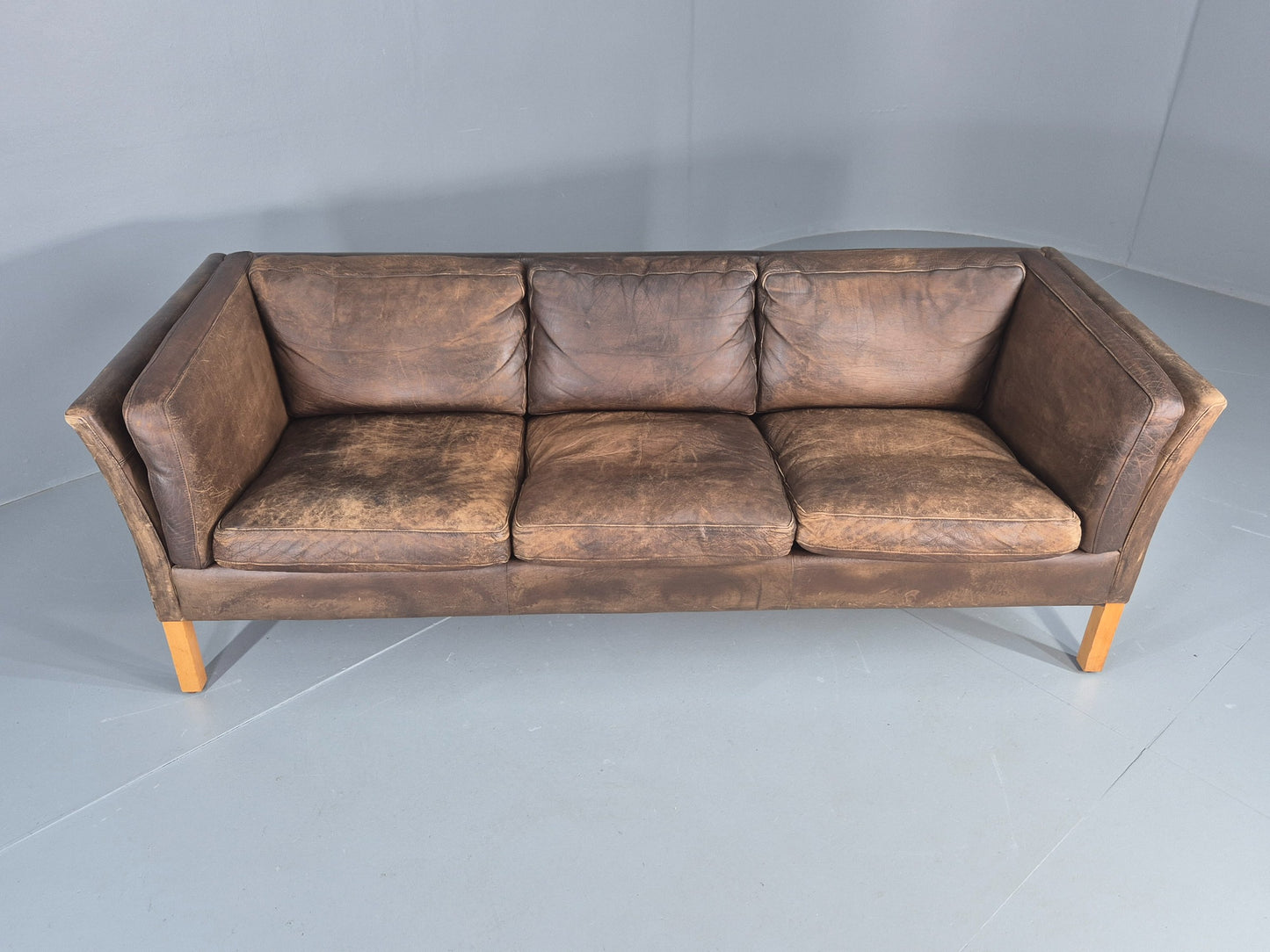 Vintage Danish 3 Seater Sofa 1970s Brown Leather Patinated Retro MCM EB12412