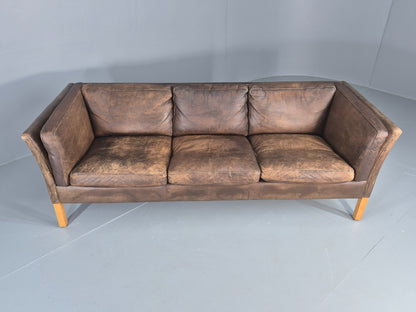 Vintage Danish 3 Seater Sofa 1970s Brown Leather Patinated Retro MCM EB12412