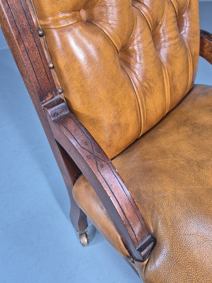 Antique Library Chair Deep Buttoned Tan Leather Oak Frame 1900s EB11657