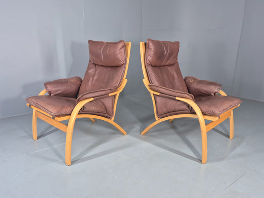 2 Vintage Danish Design Lounge Chairs Leather and Bentwood 1980s Retro EB13127