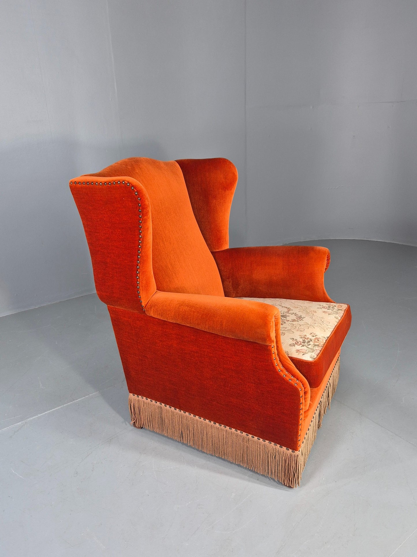 Vintage Wing Back Lounge Chair Danish 20th Century Orange Cream Tassels  EB12707