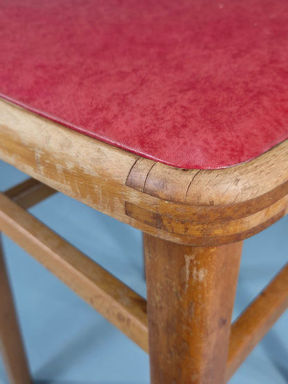 Vintage Kitchen Stool 1960s Retro Red Vinyl and Beech EB12531
