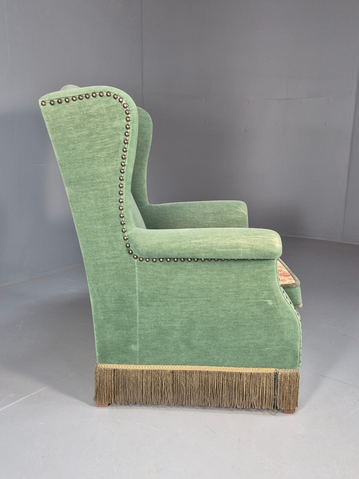 Vintage Danish Wingback Lounge Chair Green and Cream Floral Tassels EB9610 VCLO
